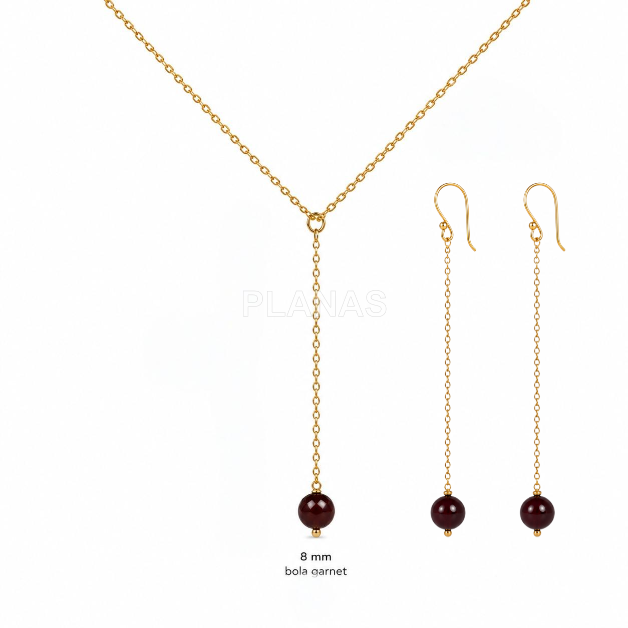 Conjunto de colar e brincos em prata de lei com banho de ouro e granada de 8mm.