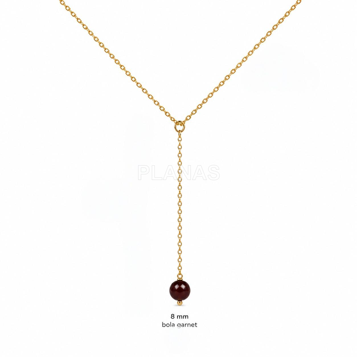 Conjunto de colar e brincos em prata de lei com banho de ouro e granada de 8mm.