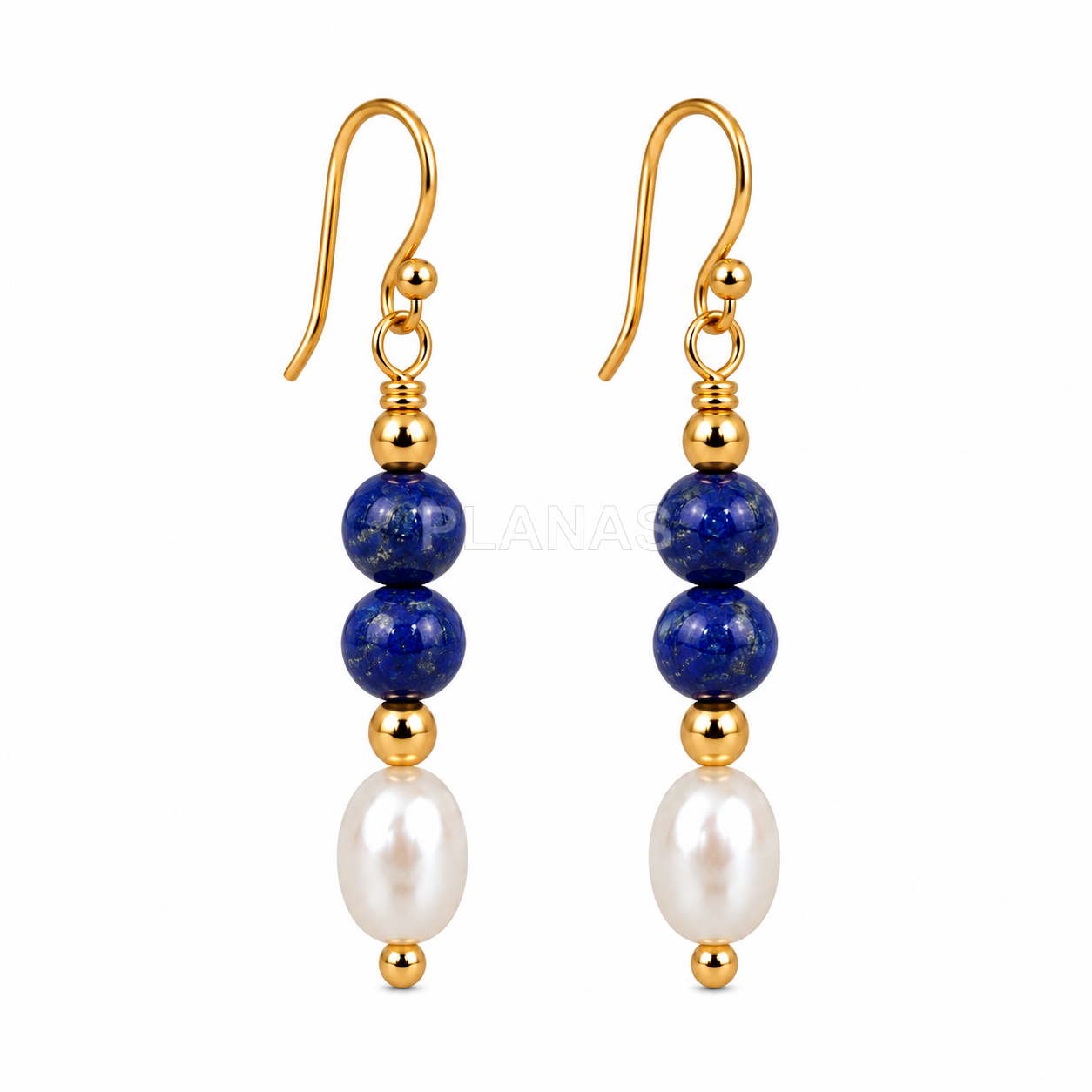 Conjunto Collar y Pendientes en plata de ley y Baño Oro con perla cultivada y Lapizlazuli.  