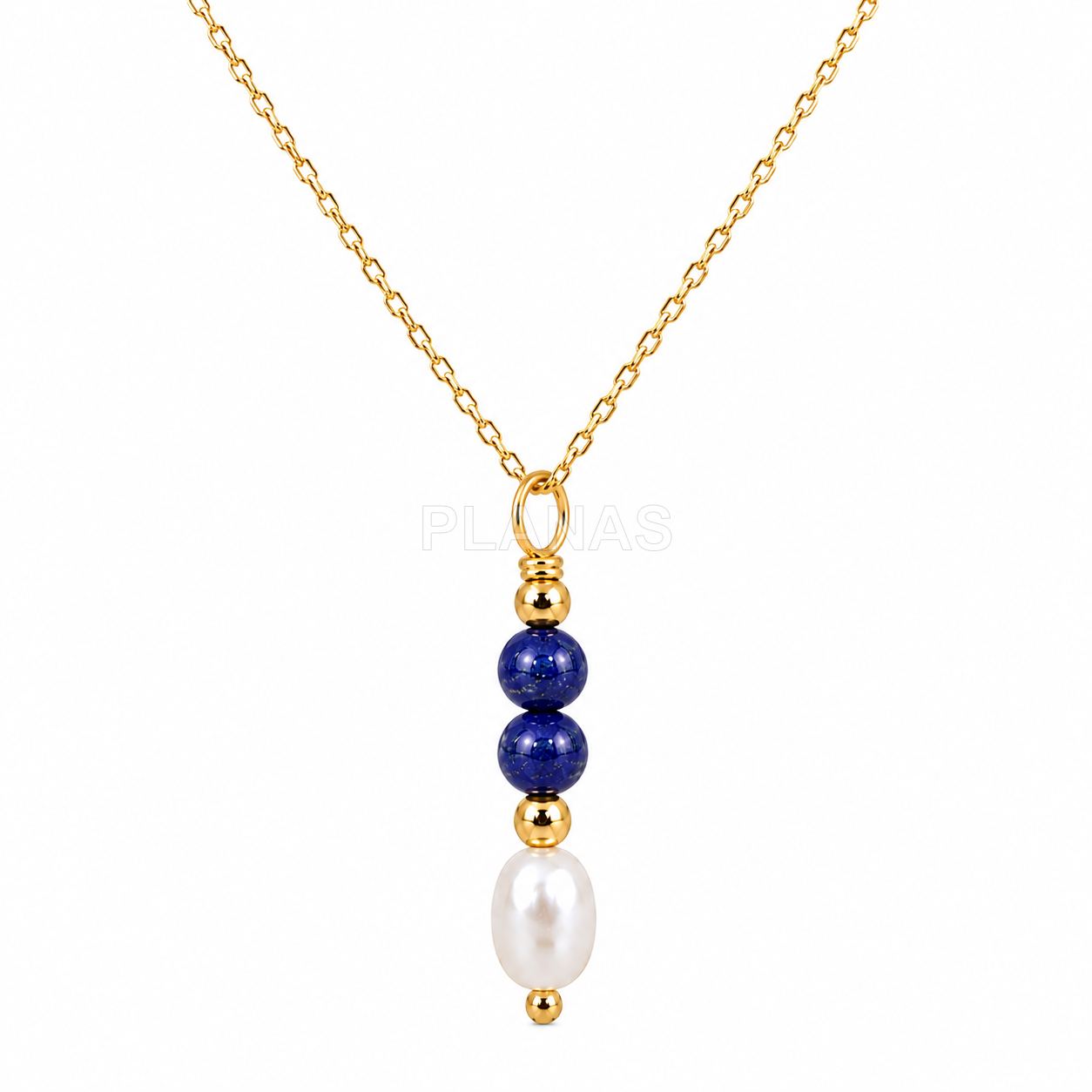Conjunto Collar y Pendientes en plata de ley y Baño Oro con perla cultivada y Lapizlazuli.  