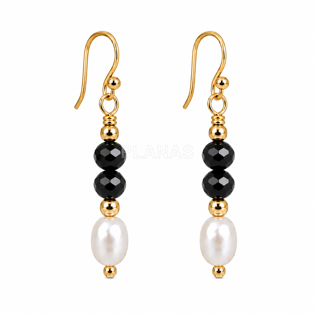 Conjunto Collar y Pendientes en plata de ley y Baño Oro con perla cultivada y Onix.  