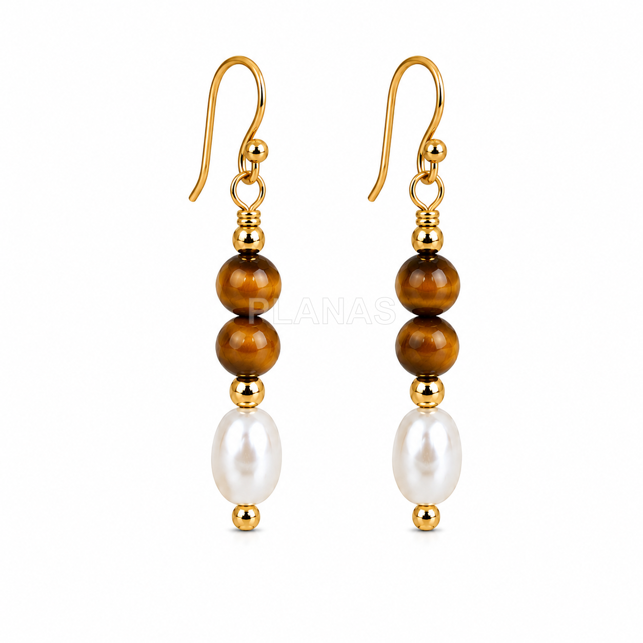 Conjunto Collar y Pendientes en plata de ley y Baño Oro con perla cultivada y Ojo de tigre.  