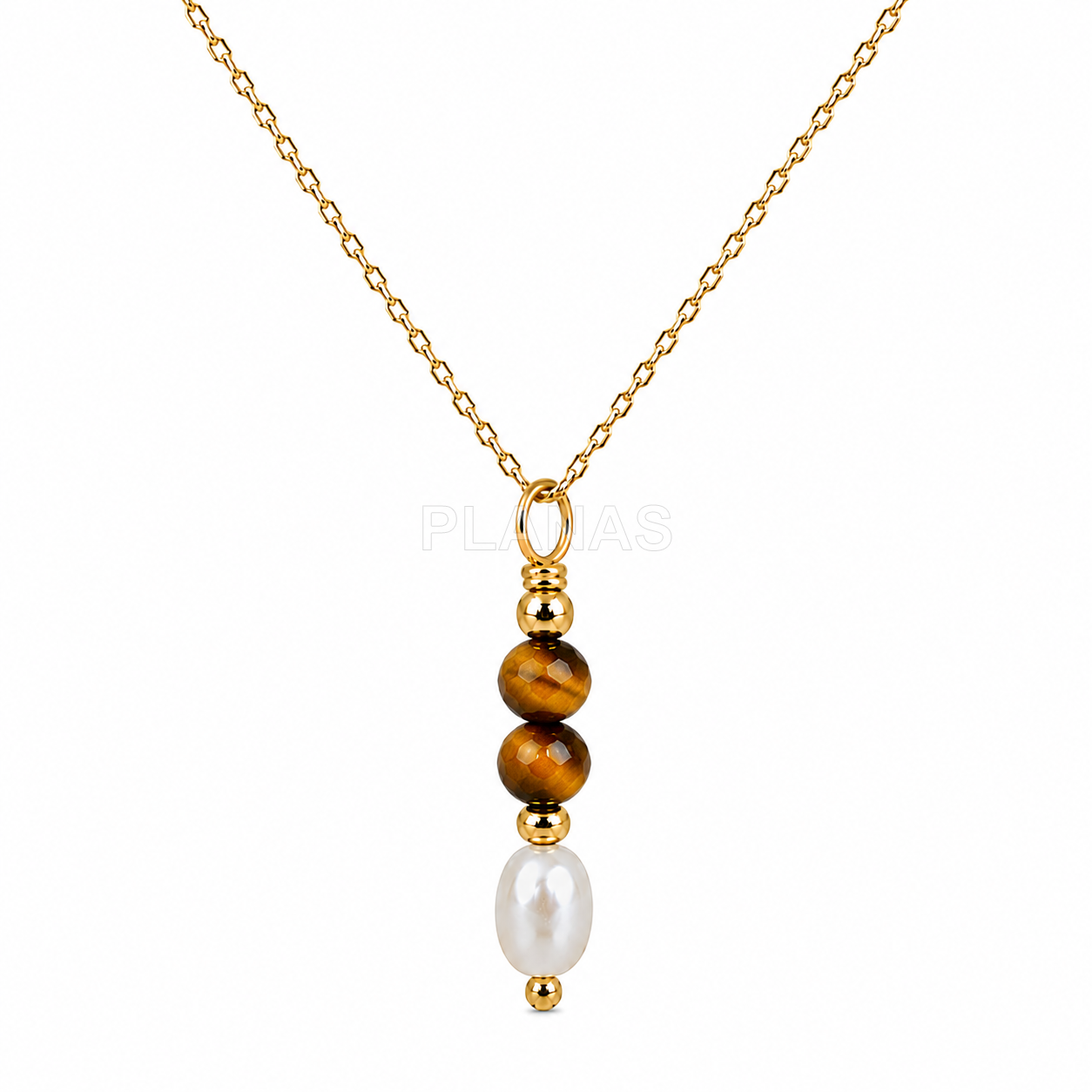 Conjunto Collar y Pendientes en plata de ley y Baño Oro con perla cultivada y Ojo de tigre.  