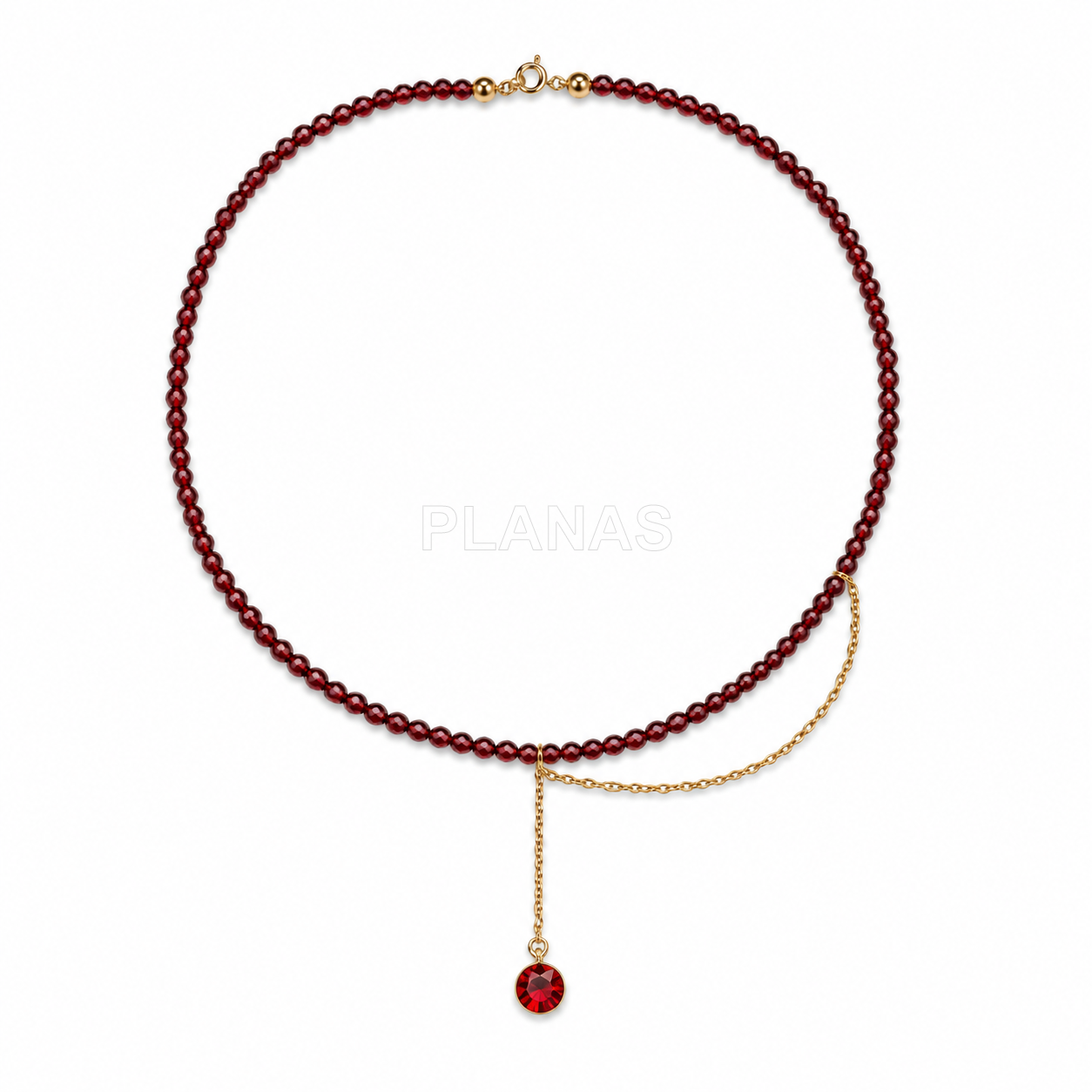 Colar em prata de lei e banhado a ouro com granada de 2mm e cristal sw na cor escarlate.