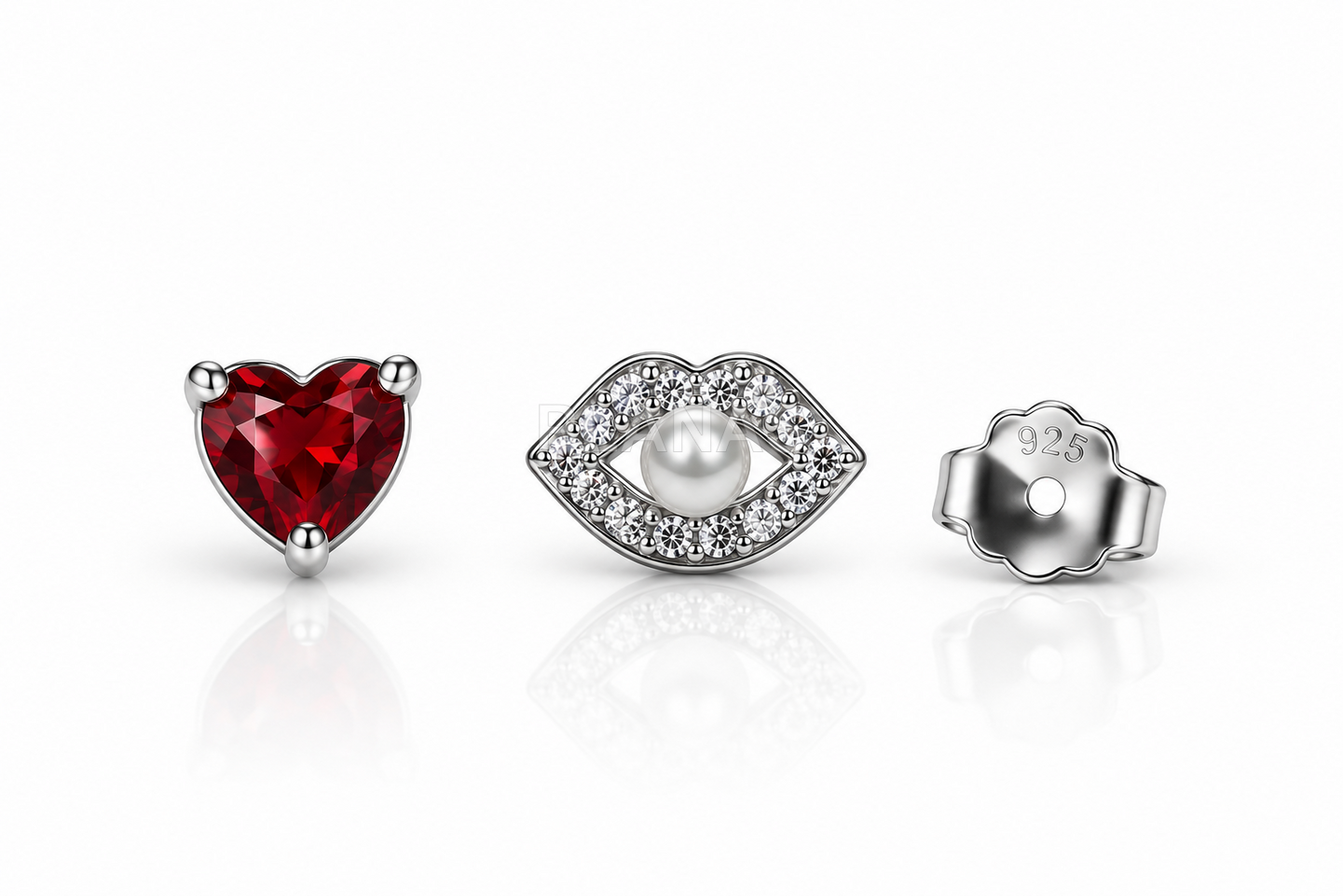 Pendientes en Plata de ley rodiada y circonitas. CORAZON Y LABIOS.  