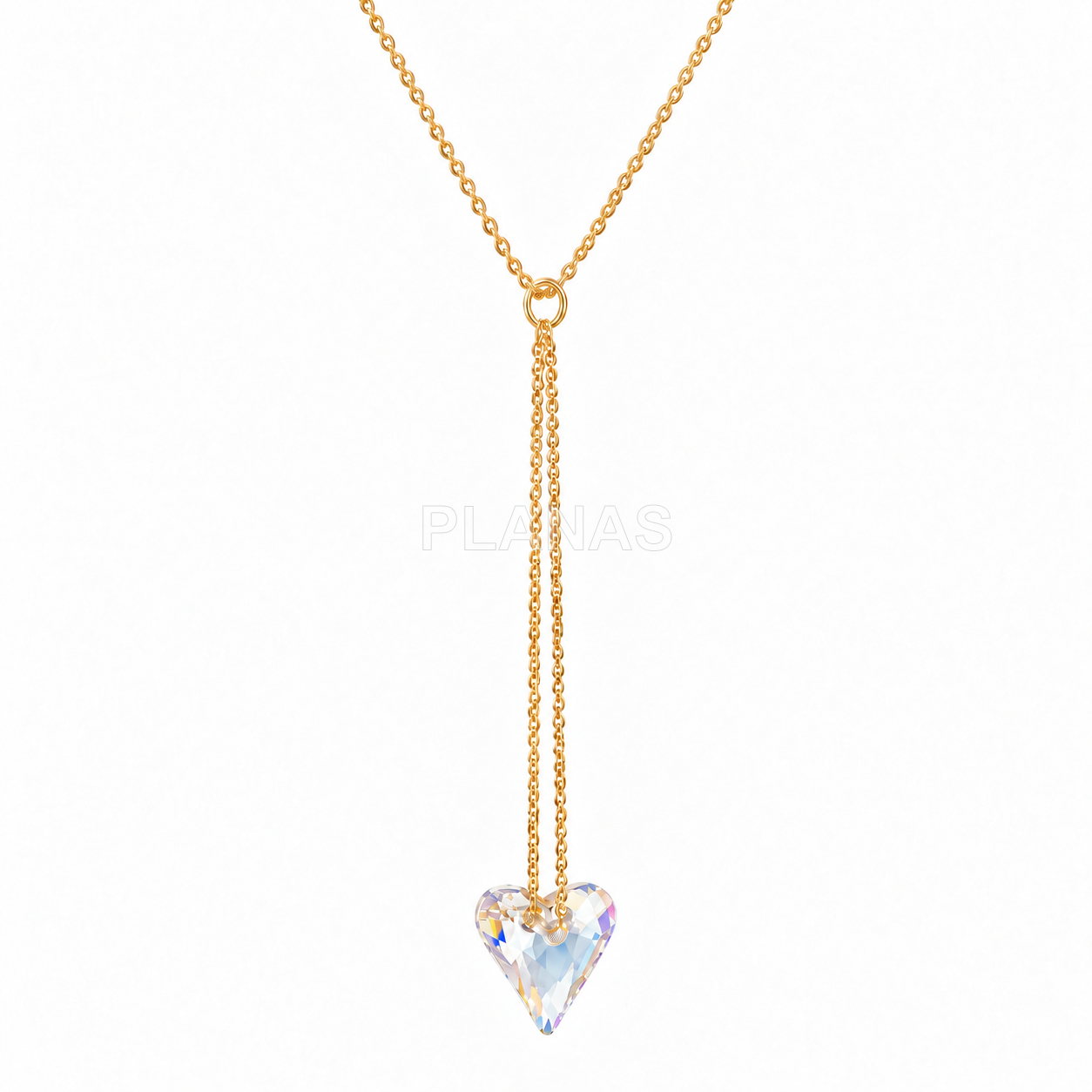 Colar em prata de lei e banhado a ouro, 50 cm, com cristal swarovski. formato de coração.