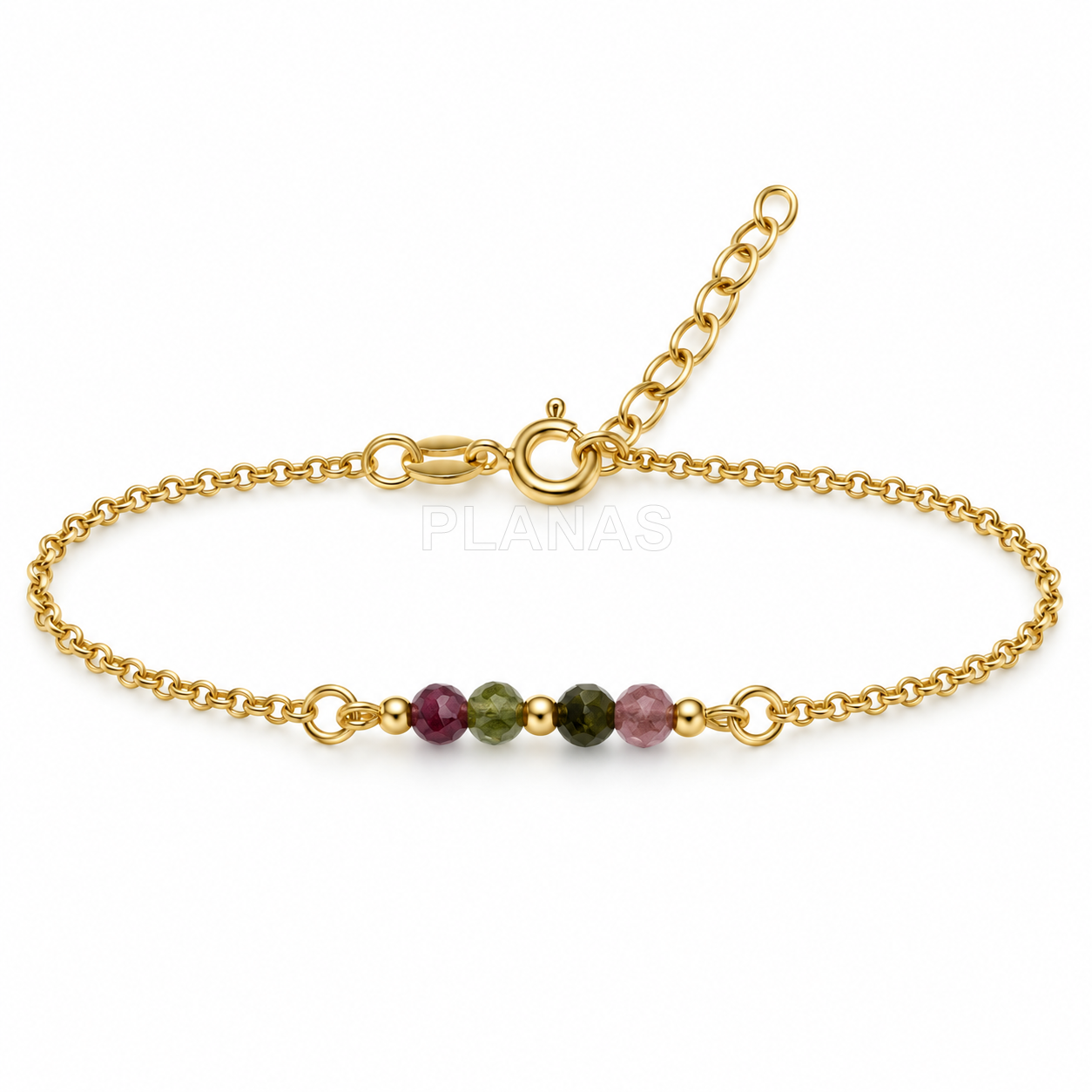 Conjunto Collar, pulsera y Pendientes en plata de ley y Baño Oro con Turmalina de 3mm.  