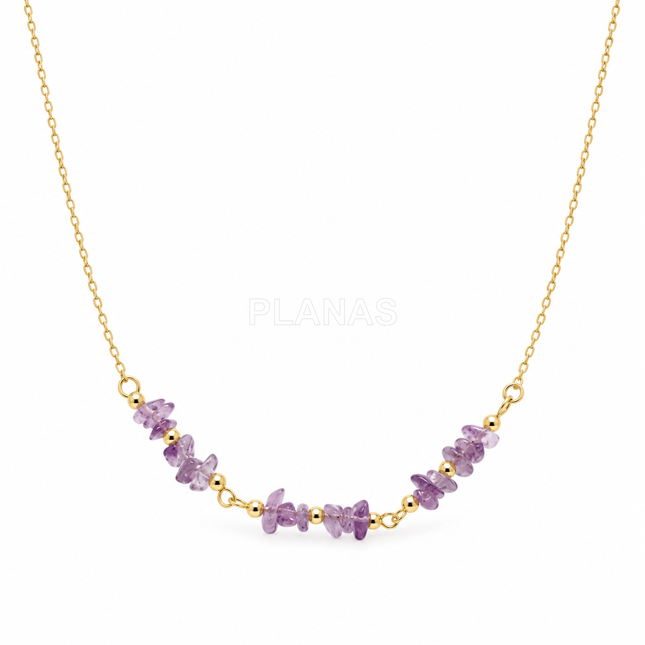 Conjunto Collar, pulsera y Pendientes en plata de ley y Baño Oro con Chips Amatista.  