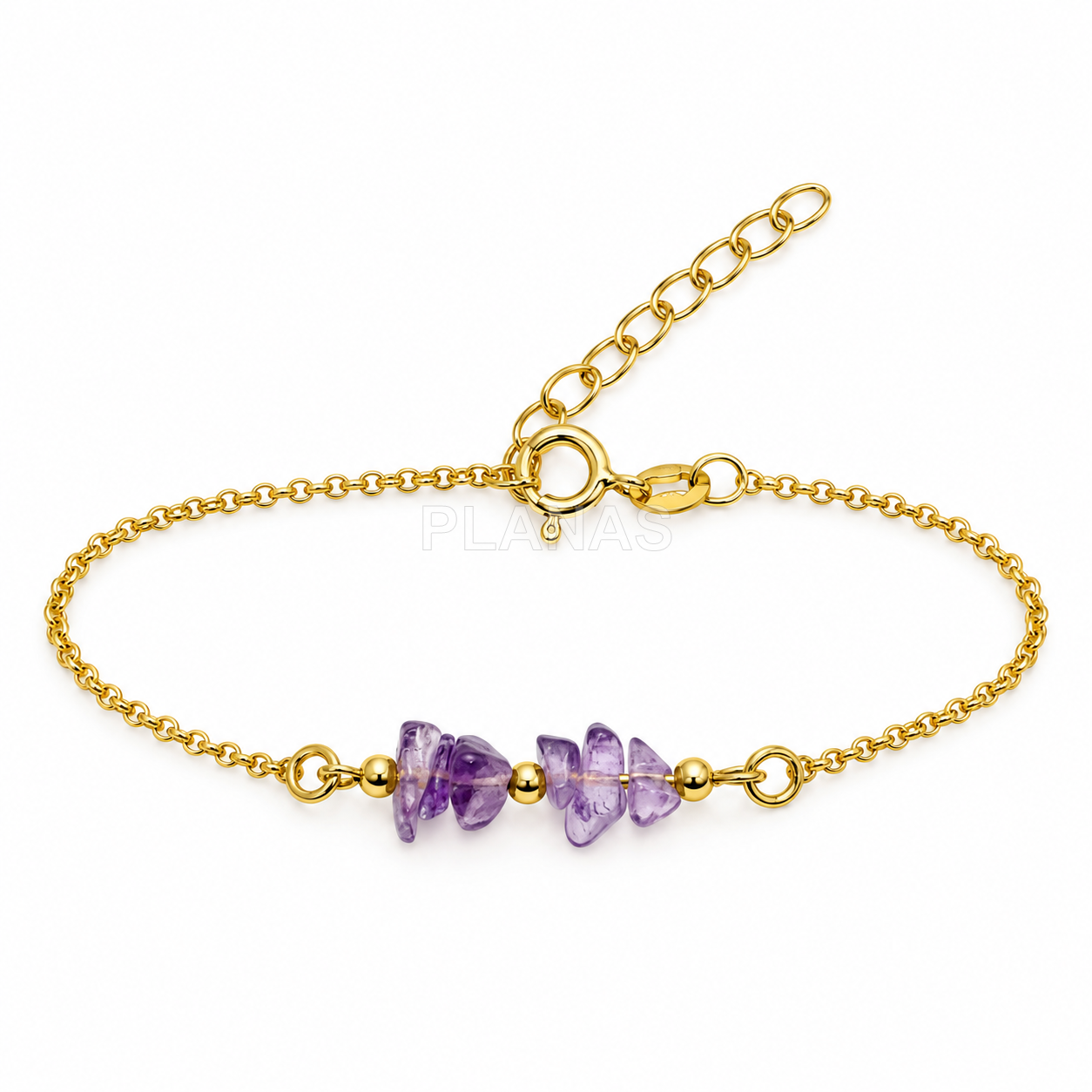 Conjunto Collar, pulsera y Pendientes en plata de ley y Baño Oro con Chips Amatista.  