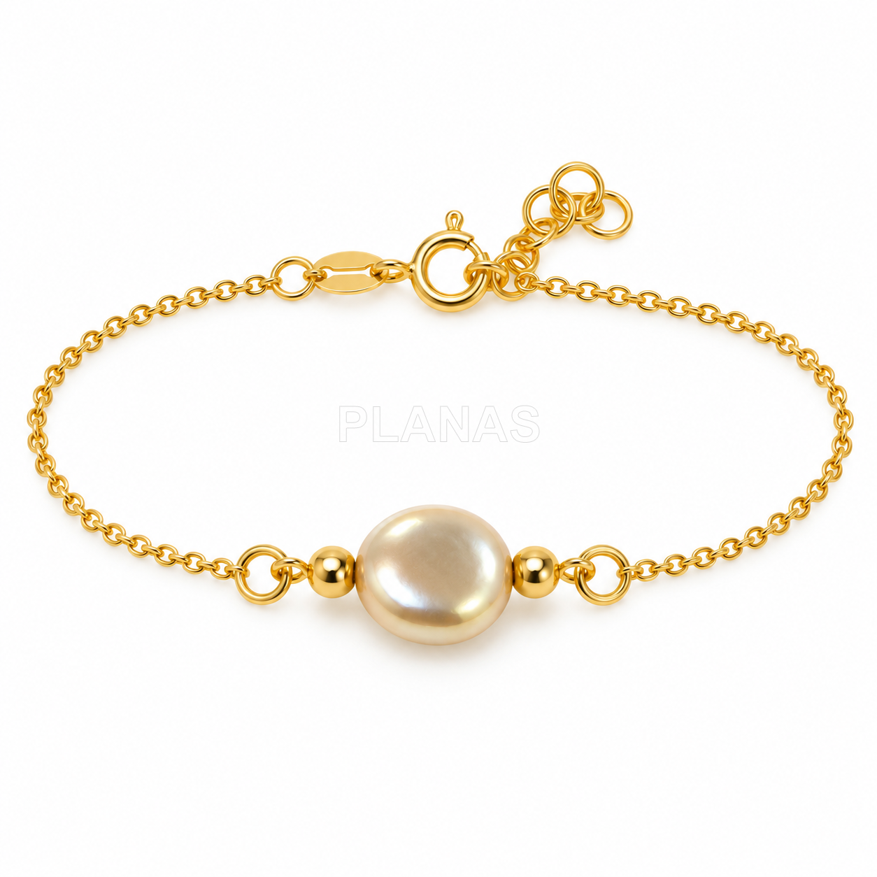 Pulseira em prata de lei com banho de ouro e um componente de pérola swarovski de 10 mm.