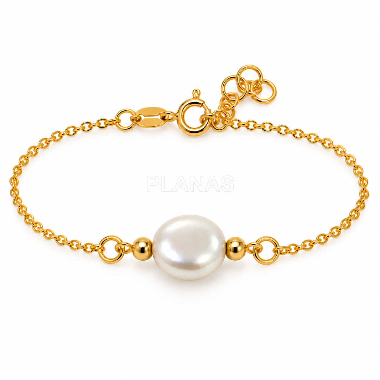 Pulseira em prata de lei com banho de ouro e um componente de pérola swarovski de 10 mm.