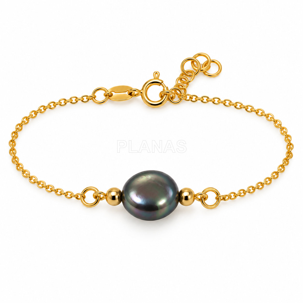 Pulseira em prata de lei com banho de ouro e um componente de pérola swarovski de 10 mm.