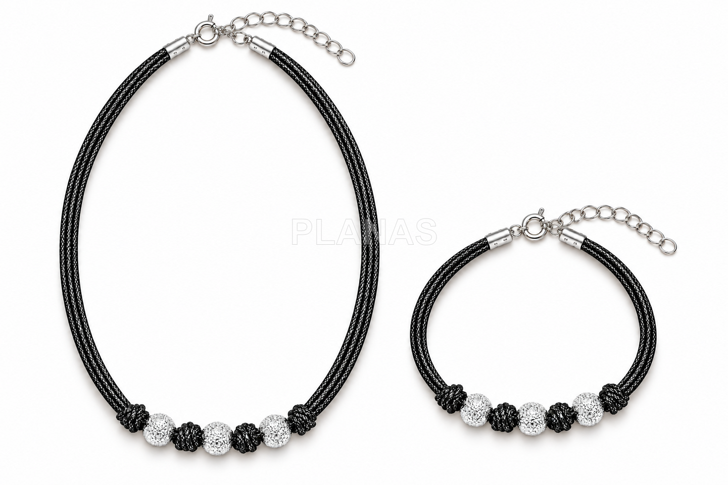 Colar e pulseira em prata de lei com fio metálico preto de 1 mm. 