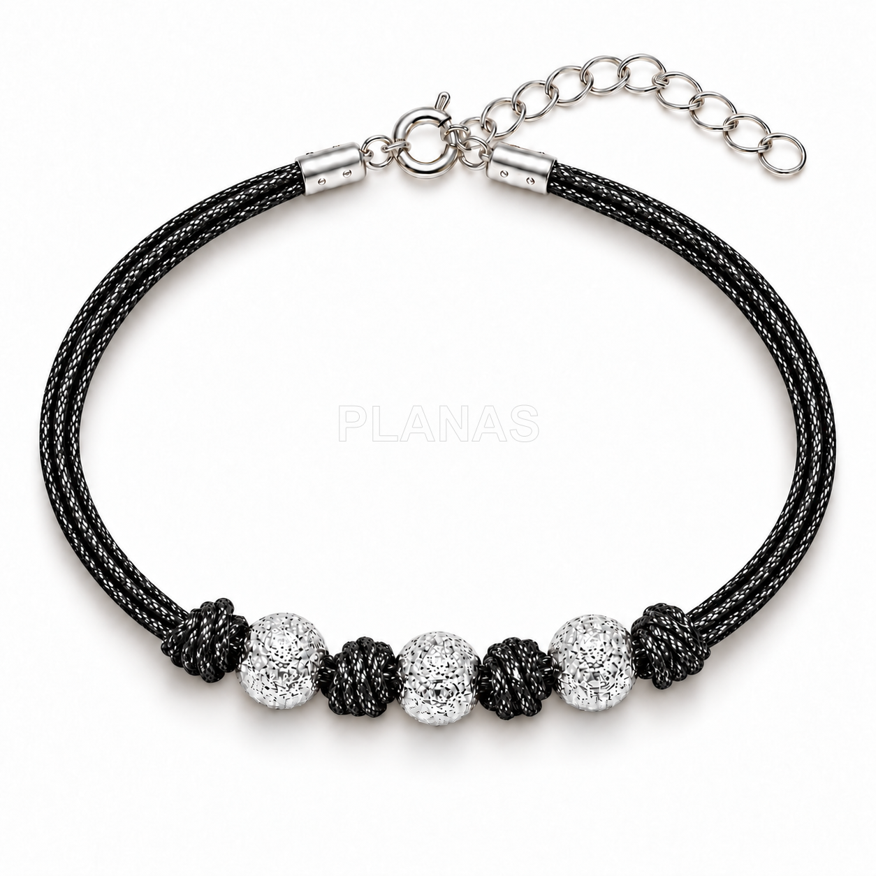 Colar e pulseira em prata de lei com fio metálico preto de 1 mm. 