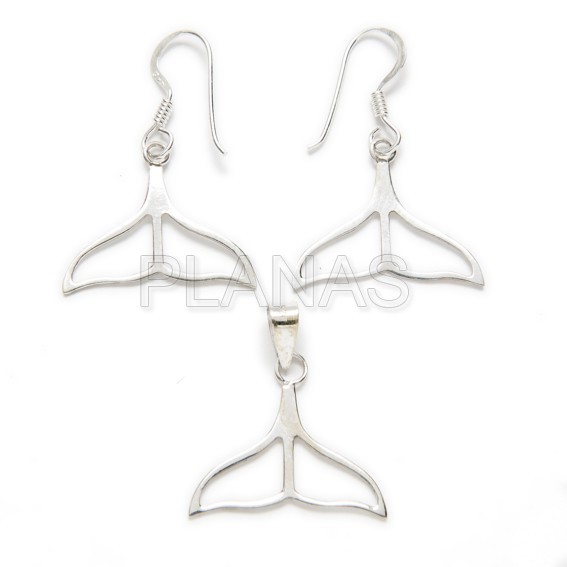 Set of silver earrings and pendant, whale tail.