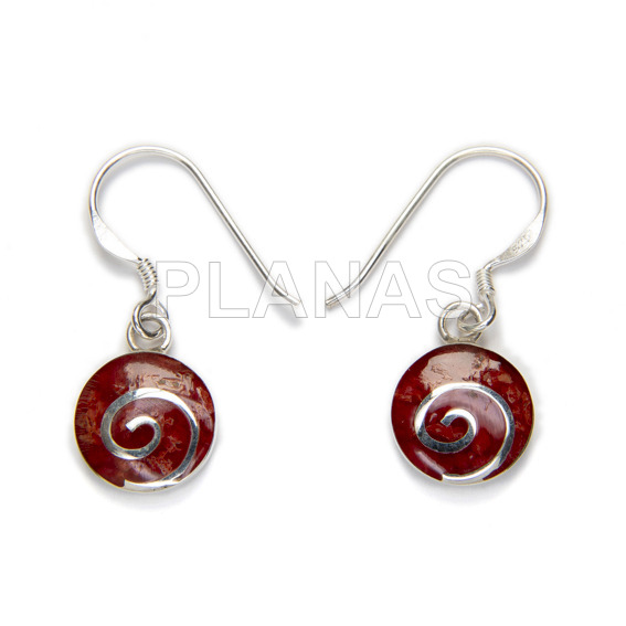 Earrings in sterling silver and coral. spiral.