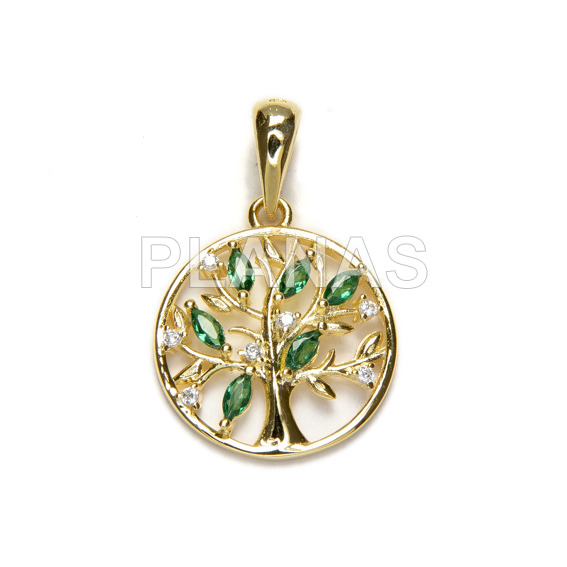 Colgante en Plata de ley y  baño oro con Circonitas Esmeraldas.ARBOL DE LA VIDA.