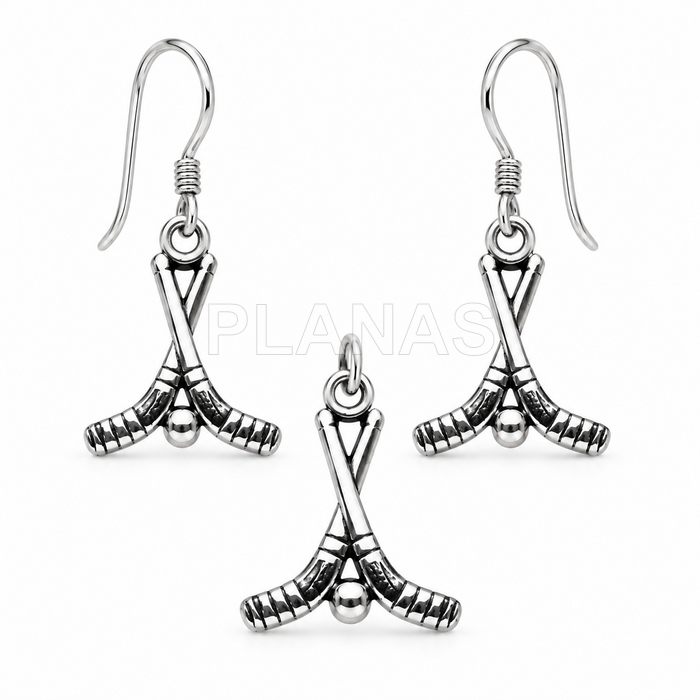 Pendientes y Colgante en Plata de ley. STICKS HOCKEY.