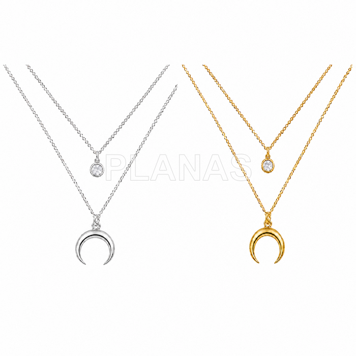Corrente dupla em prata de lei, disponível em dois tamanhos. zircônia cúbica de 5mm e lua invertida.