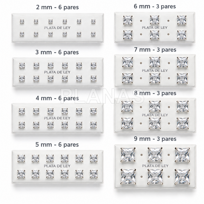 Pendientes Circonita Cuadrada Plana Display de 3 o 6 pares en Plata de ley.