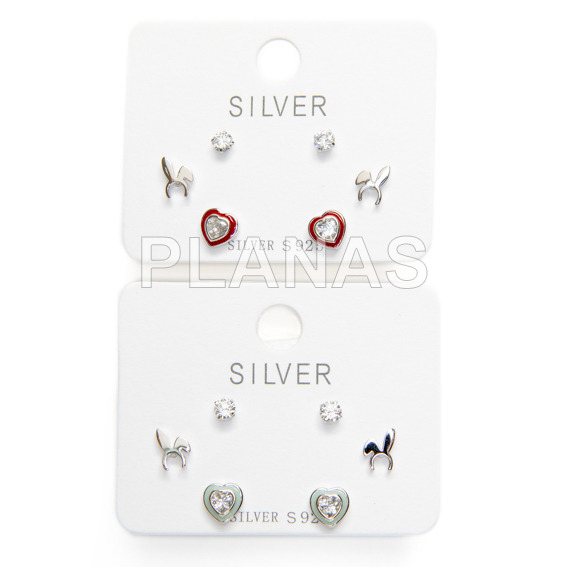 Conjunto de 3 pares de brincos em prata de lei e zircões.