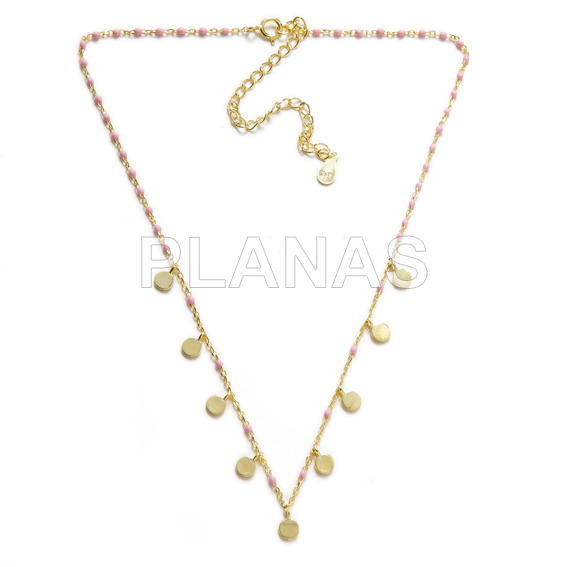 Collar en Plata de Ley y Baño Oro con bolitas esmaltadas rosas y plaquitas de 4mm.39+8cm.