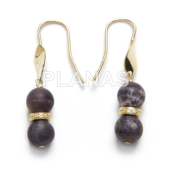 Earrings in sterling silver and gold bath with glazed amethyst and zircons.