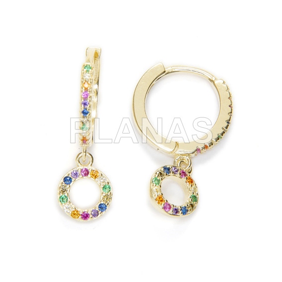 Aros en Plata de ley y baño oro con Circonitas de Colores. CIRCULO.