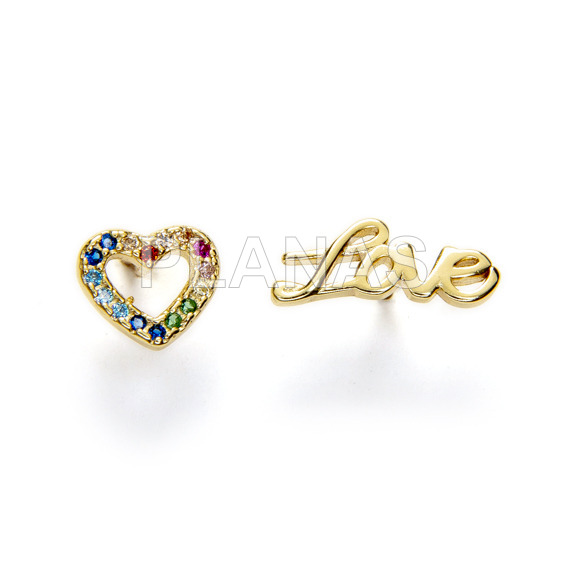 Pendientes en Plata de ley y baño oro Circonitas de colores .CORAZÓN.