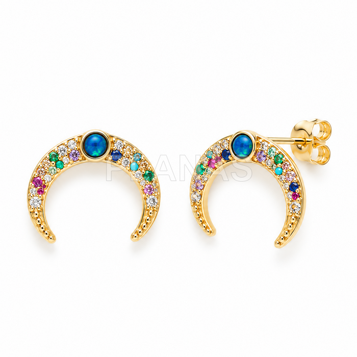 Pendientes en Plata de ley y baño oro con Circonitas de colores y Opalo. LUNA.
