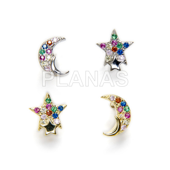 Pendientes en Plata de ley Rodiada y Circonitas de colores.LUNA Y ESTRELLA.