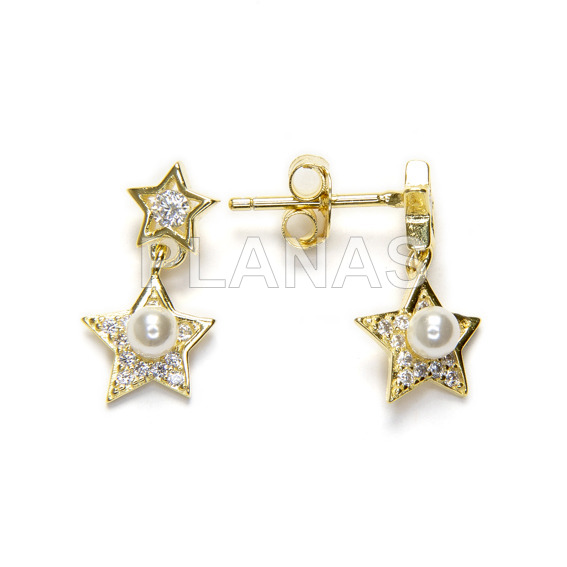 Pendientes en Plata de ley y baño oro con Perla de 4mm y Circonitas Blancas.ESTRELLA.