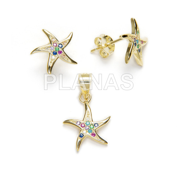 Pendientes y Colgante en Plata de ley y Baño Oro con Circonitas de colores.ESTRELLA DE MAR.