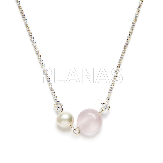 Collar en Plata de Ley con Perlas Cultivadas de 7mm y Quarzo Rosa.