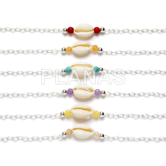 Adjustable sterling silver anklet or bracelet with shell and colored balls.