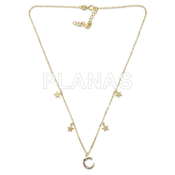 Colgante en Plata de ley y baño oro con Circonitas de Colores. ESTRELLAS Y LUNAS.