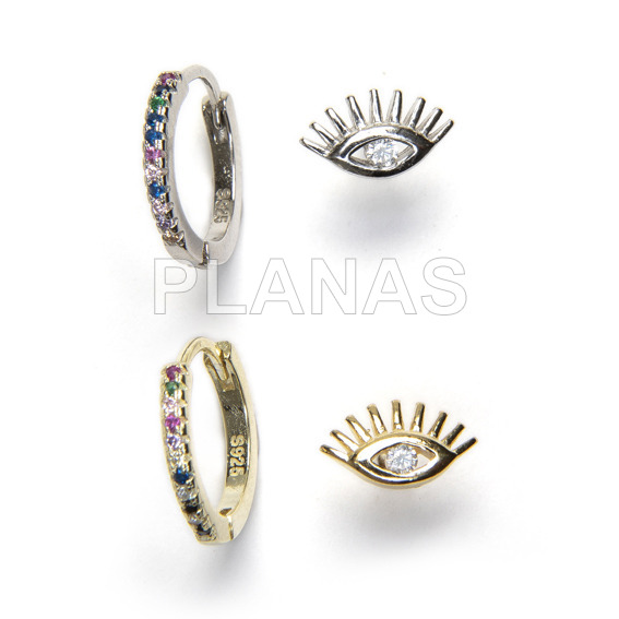 Argola de prata esterlina banhada a ródio com zircões coloridos e brinco para os olhos.