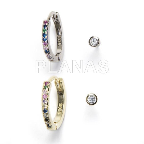 Argola de prata esterlina banhada a ródio com zircões coloridos e brinco para os olhos.
