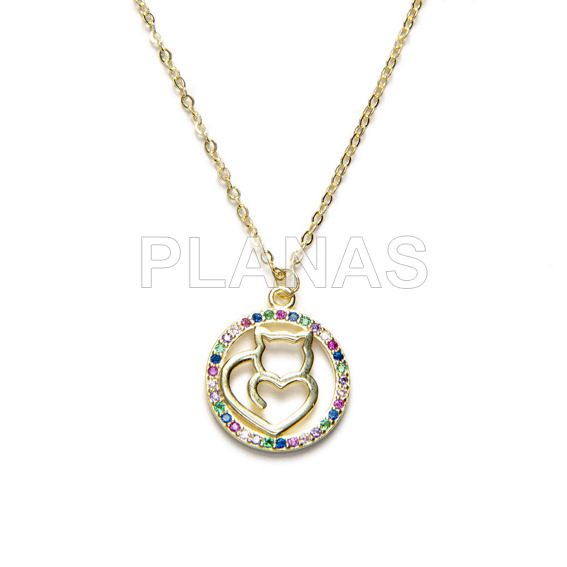 Colgante en Plata de ley y baño oro con Circonitas de Colores.GATO.