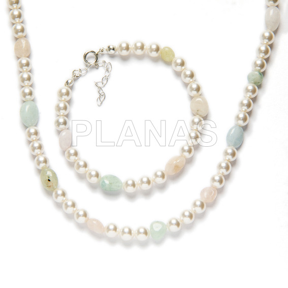 Conjunto de Pulsera y Collar en Plata de Ley con perla de Cristal Austríaco de alta calidad de 6mm y Minerales.