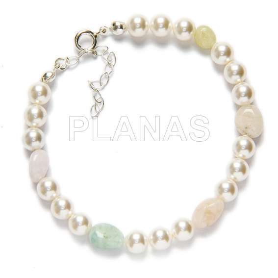 Conjunto de pulseira e colar em prata de lei com pérolas e minerais swarovski de 6mm.