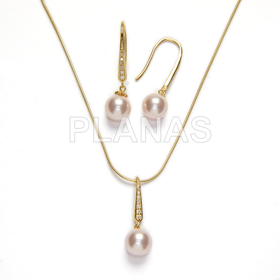 Conjunto en Plata de Ley y Baño Oro con Perlas Componentes Cristal Austríaco de alta calidad de 8mm.Rose Pearl.