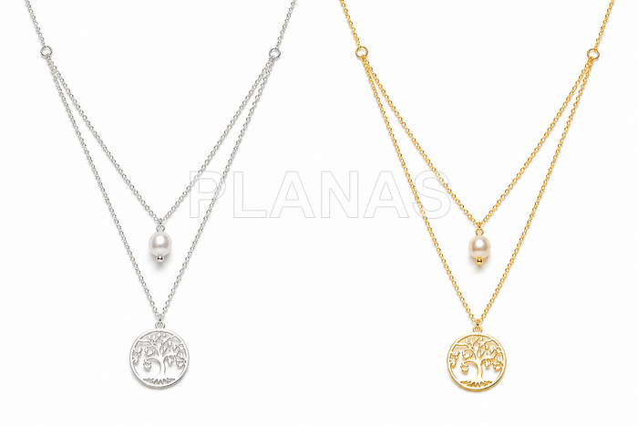Corrente escarlate dupla, duas medidas em prata de lei com sw pearl e tree of life.