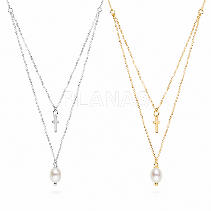 Corrente dupla, duas medidas em prata de lei. pÉrolas e cruz swarovski.