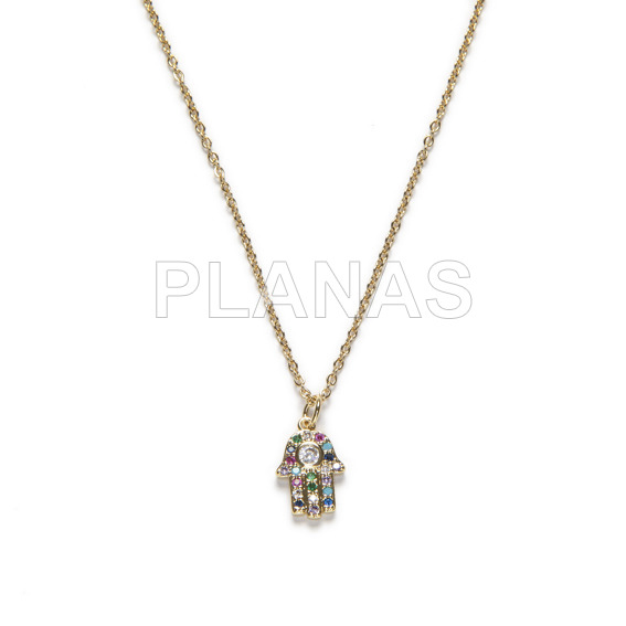Pendant in stainless steel and gold bath with zircons. fatima