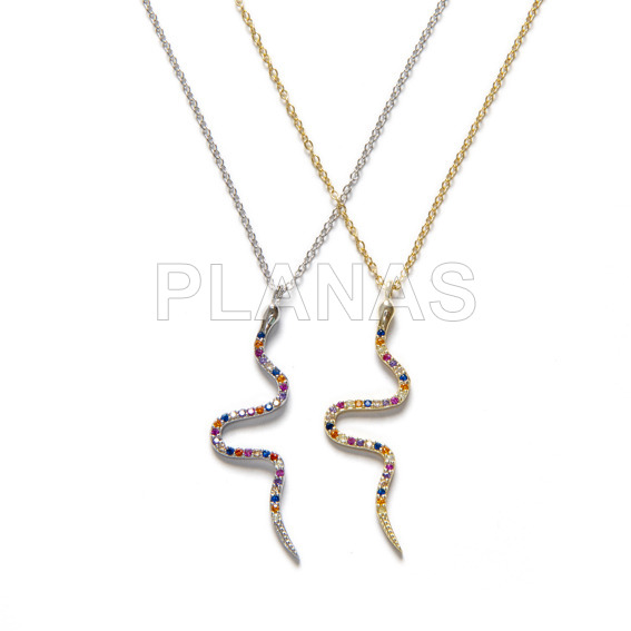 Pendant in rhodium sterling silver and colored zircons. snake.