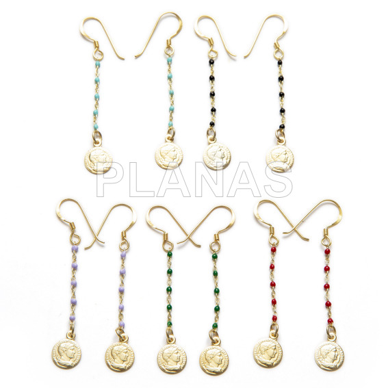 Earrings in sterling silver and gold bath with enameled balls. coin.