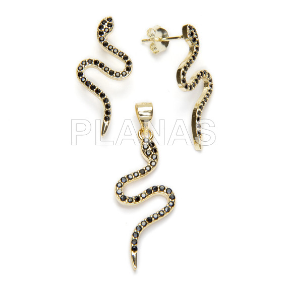 Set in sterling silver and gold bath with black zircons, earrings and pendant. snake.