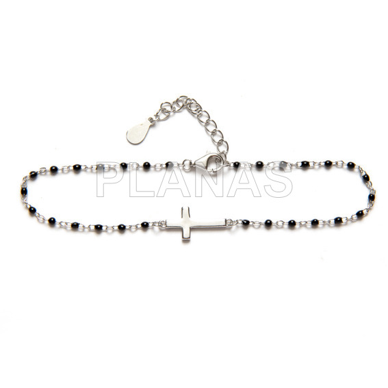 Bracelete em prata de lei banhada a ródio com bolas esmaltadas pretas de 2mm.