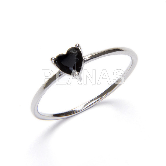 Ring in rhodium sterling silver and black zirconia. heart.